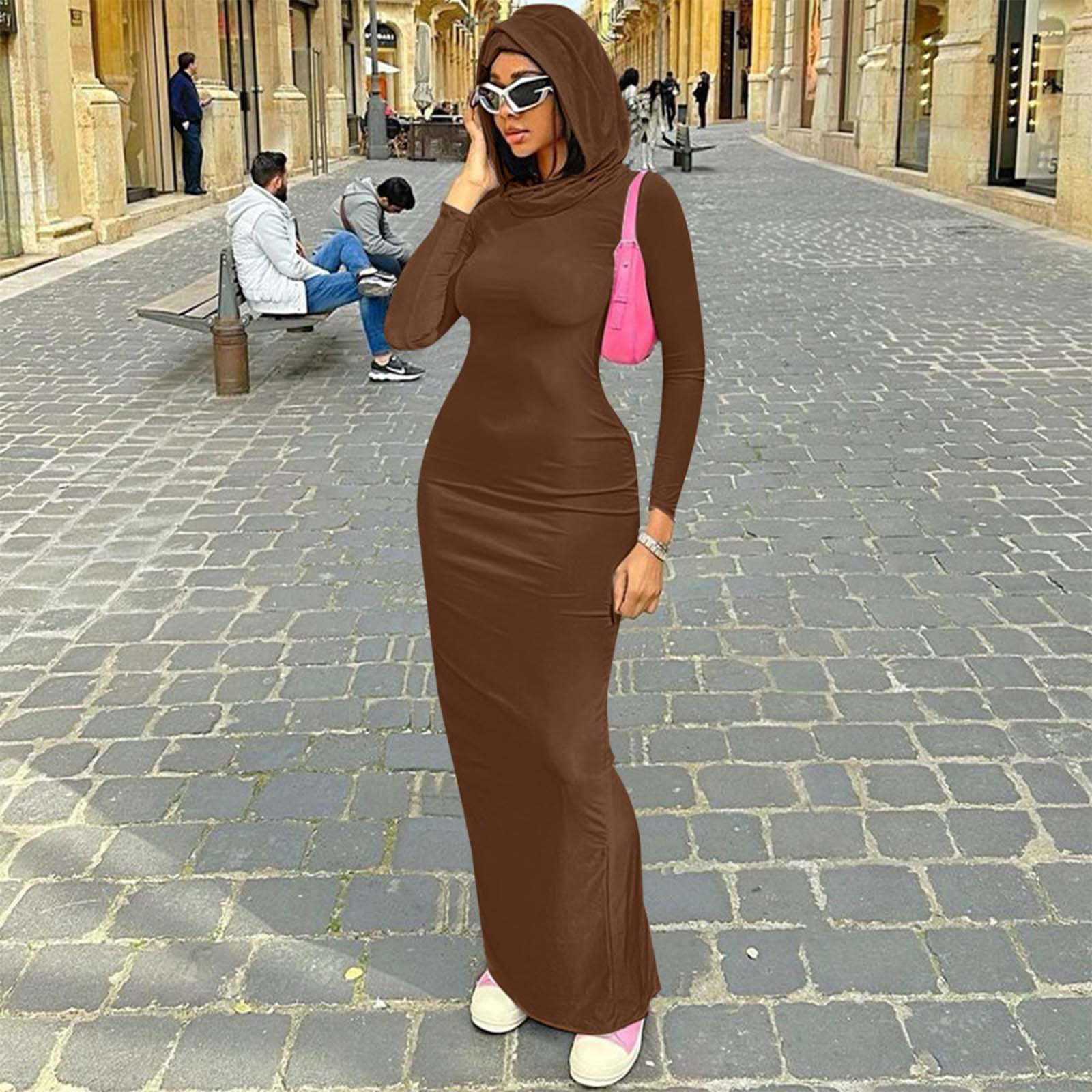 thumbnail image 2 of Vestido largo ajustado con capucha, corte recto, color liso, corte otoñal informal, con abertura lateral, 2 of 7